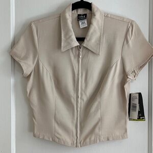 90s Vintage Deadstock NWT Tan Zip Front Blazer / Top Fitted Collar Top Size M